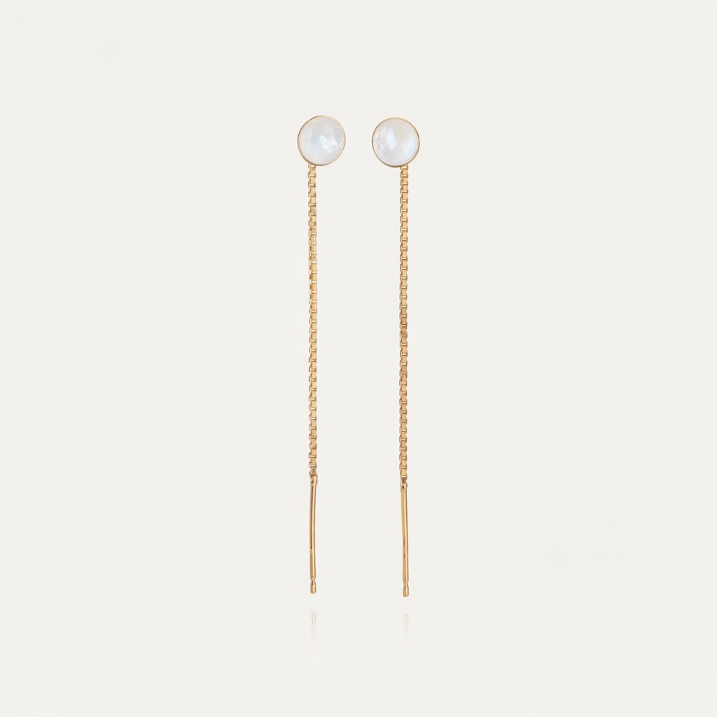 Kolczyki przewlekane z kamieniem księżycowym, srebro 925 w złotym pokryciu