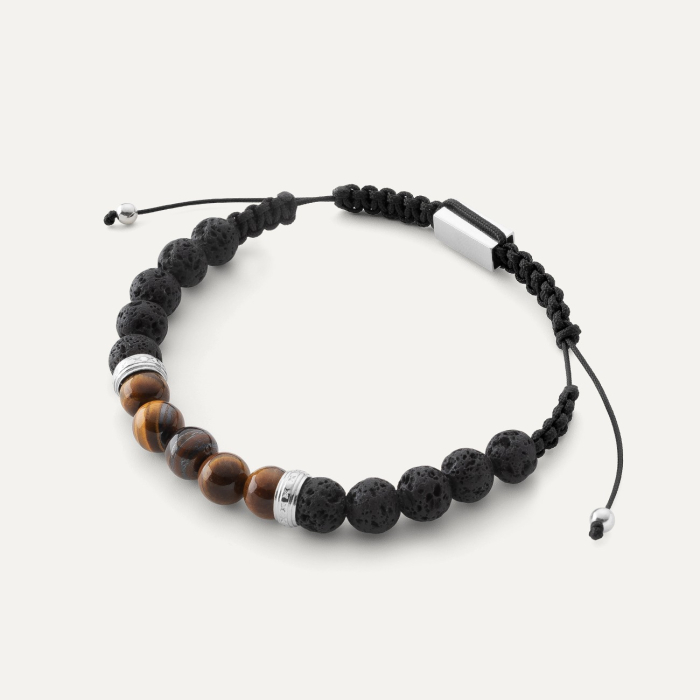 Cord bracelet - volcanic lava & tiger eye, silver 925 platinum plated