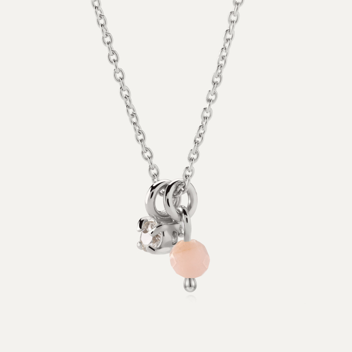 Classic necklace with cubic zirconia and pink opal, sterling silver 925 platinum plated