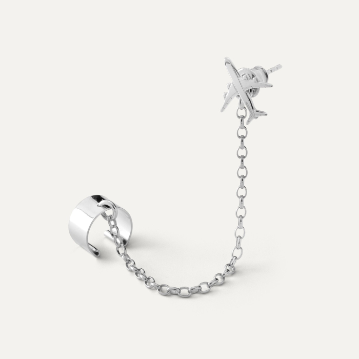 Ohrmanschette mit kette - flugzeug, sterling silber 925, platiniert