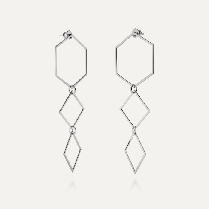 Long geometric earrings, sterling silver 925 platinum plated