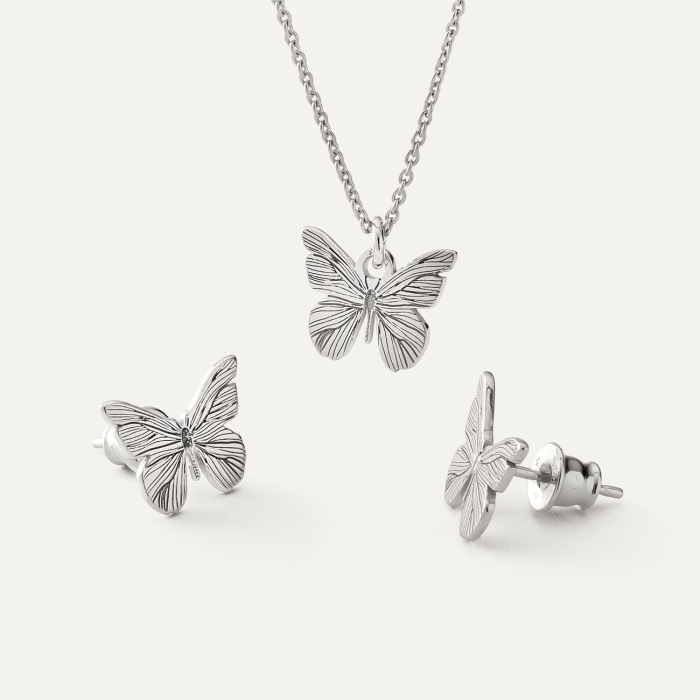Set with butterflies - earrings and necklace, sterling silver 925 platinum plated