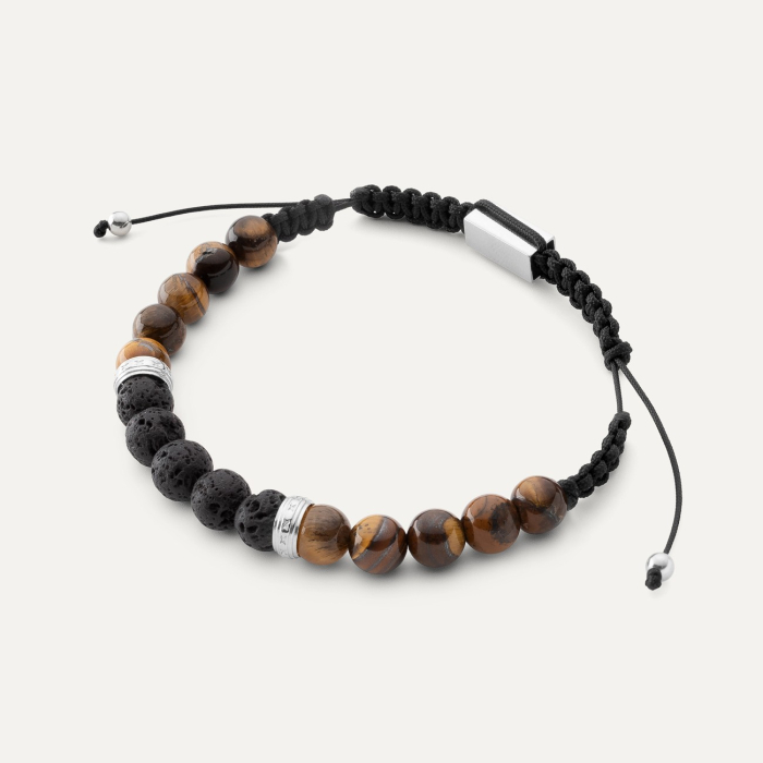 Men's bracelet - tiger's eye & volcanic lava, silver 925 platinum plated