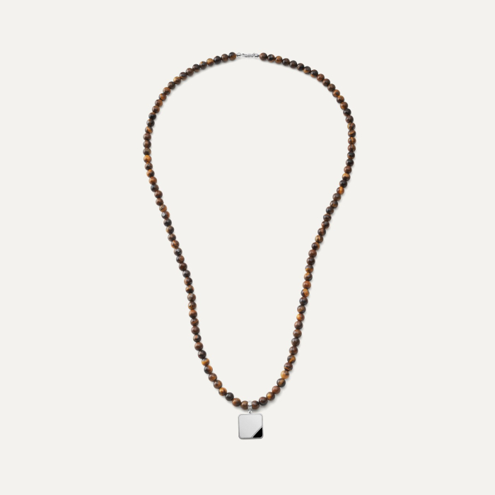 Men's necklace - tiger eye with a square pendant, silver 925 platinum plated