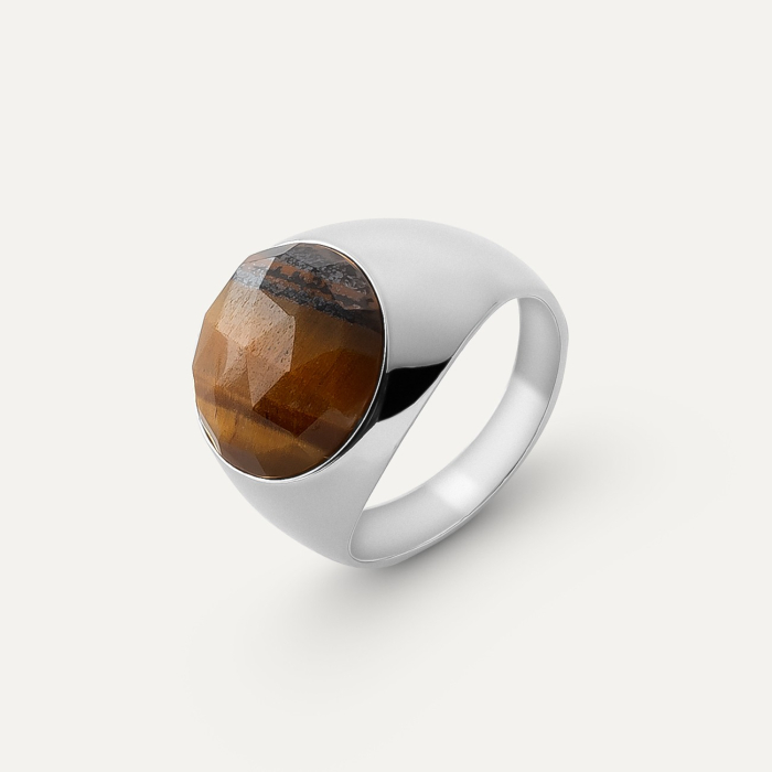 Men's signet ring - tiger eye, silver 925 with platinum plating