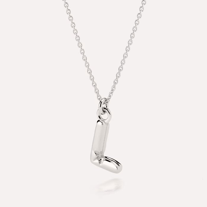 Necklace with puffed letter L, sterling silver 925 platinum plated