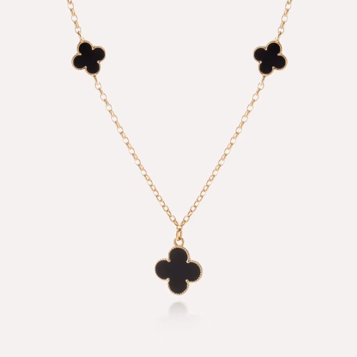 Naszyjnik z koniczynkami z czarnej żywicy, srebro 925 w złotym pokryciu