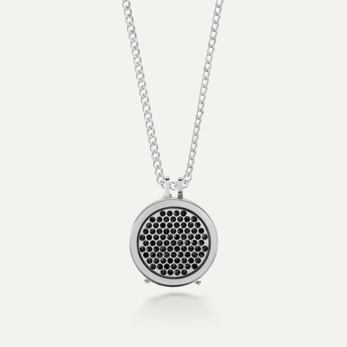 Halskette mit Medaillon-Anhänger, graviert & foto, schwarze kristalle, sterlingsilber 925