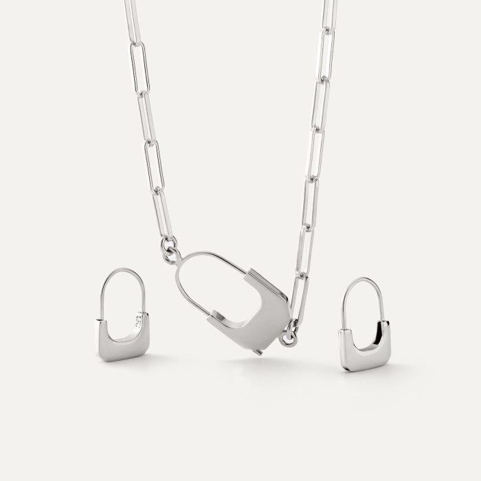 Set with padlock motif, sterling silver 925 platinum plated