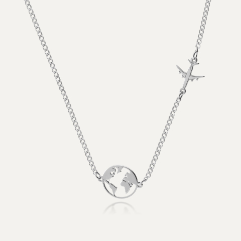 Halskette - Globus mit Flugzeug, sterling silber 925, platiniert