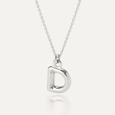 Necklace with puffed letter D, sterling silver 925 platinum plated
