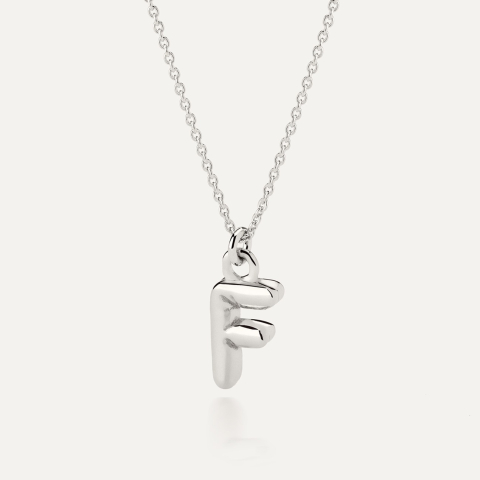 Necklace with puffed letter F, sterling silver 925 platinum plated
