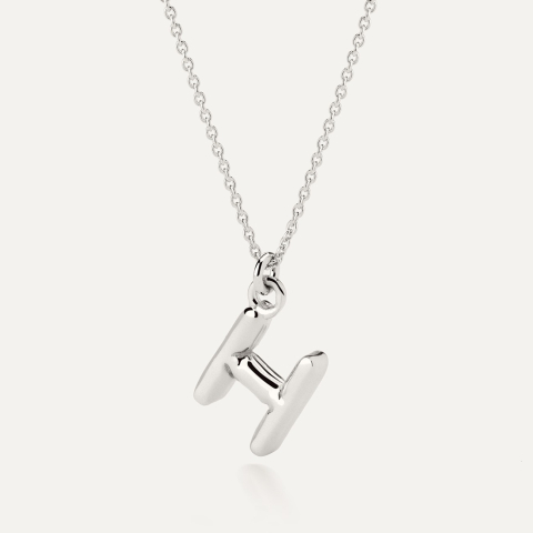 Necklace with puffed letter H, sterling silver 925 platinum plated