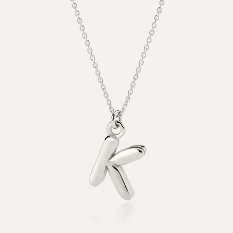 Necklace with puffed letter K, sterling silver 925 platinum plated