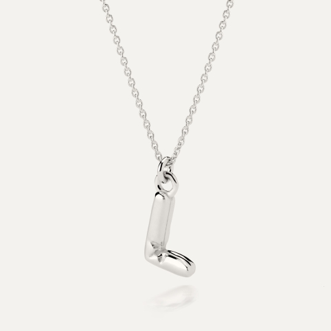 Necklace with puffed letter L, sterling silver 925 platinum plated