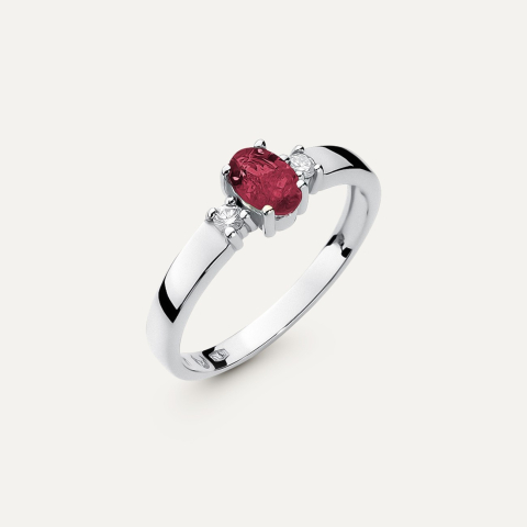 Złoty pierścionek - owalny rubin – Retro, złoto próby 585 białe 