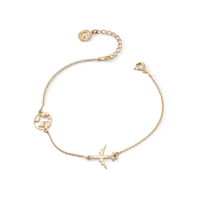 Bracelet - globe and plane, sterling silver 925 gold plated