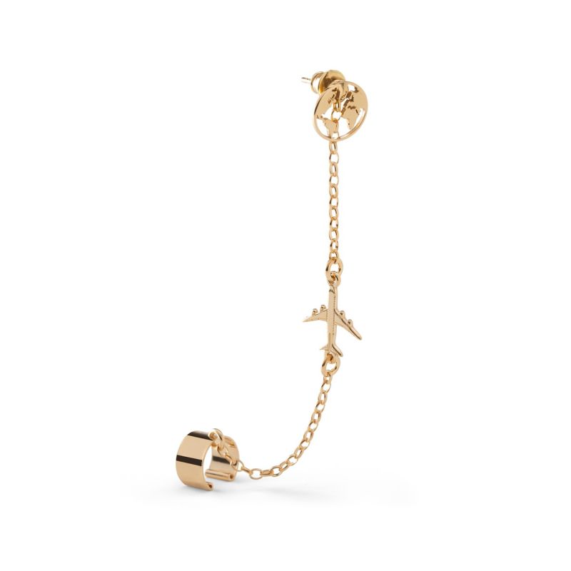 Chain Ear cuff - plane and globe, sterling silver 925, gold plated