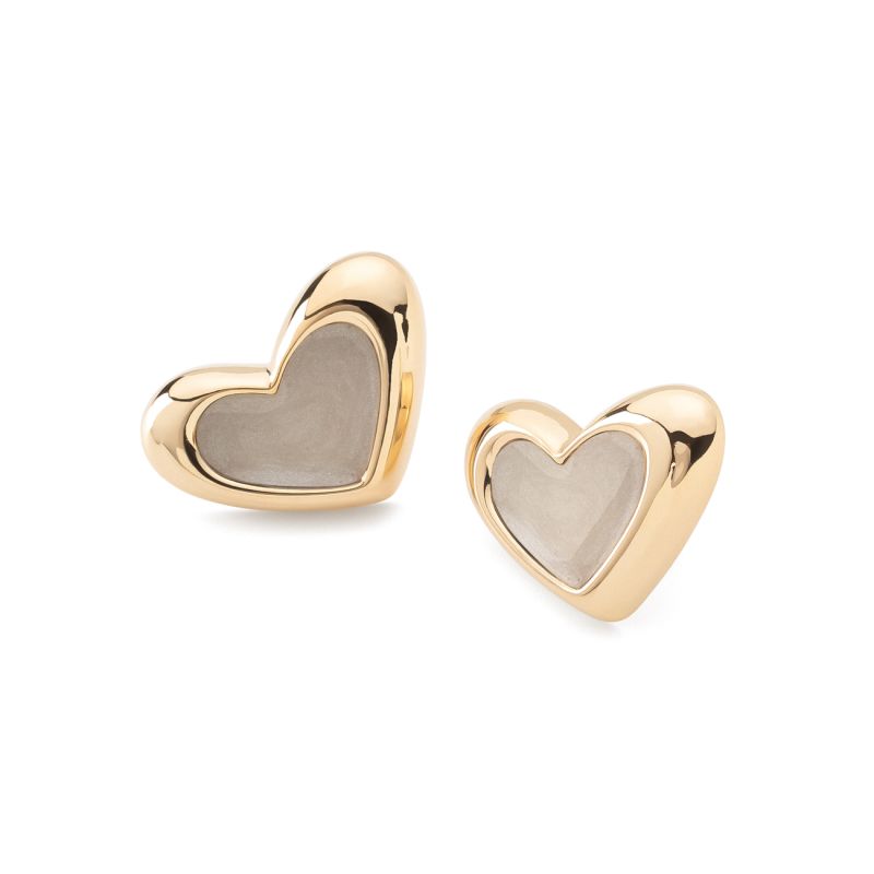 Asymmetrical heart earrings with white resin, sterling silver 925 gold plated