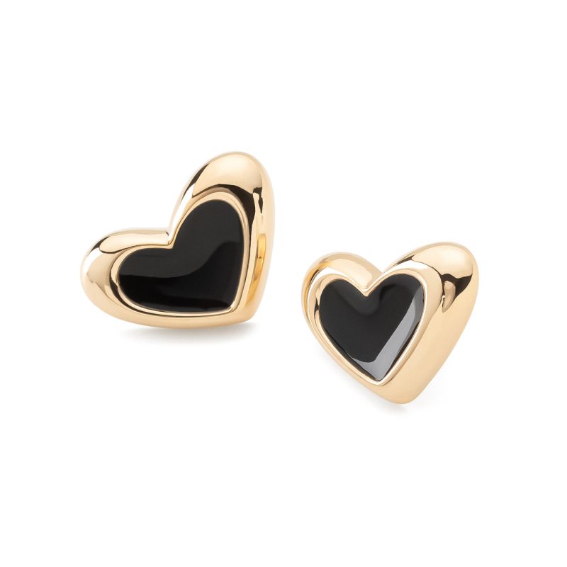 Asymmetrical heart earrings with black resin, sterling silver 925 gold plated