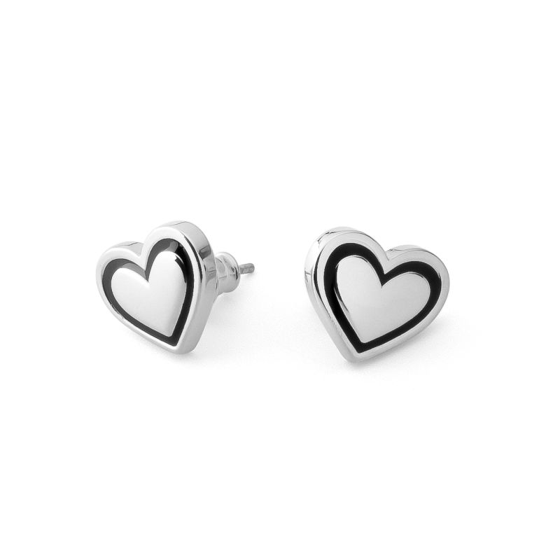 Heart earrings with black resin, sterling silver 925 platinum plated