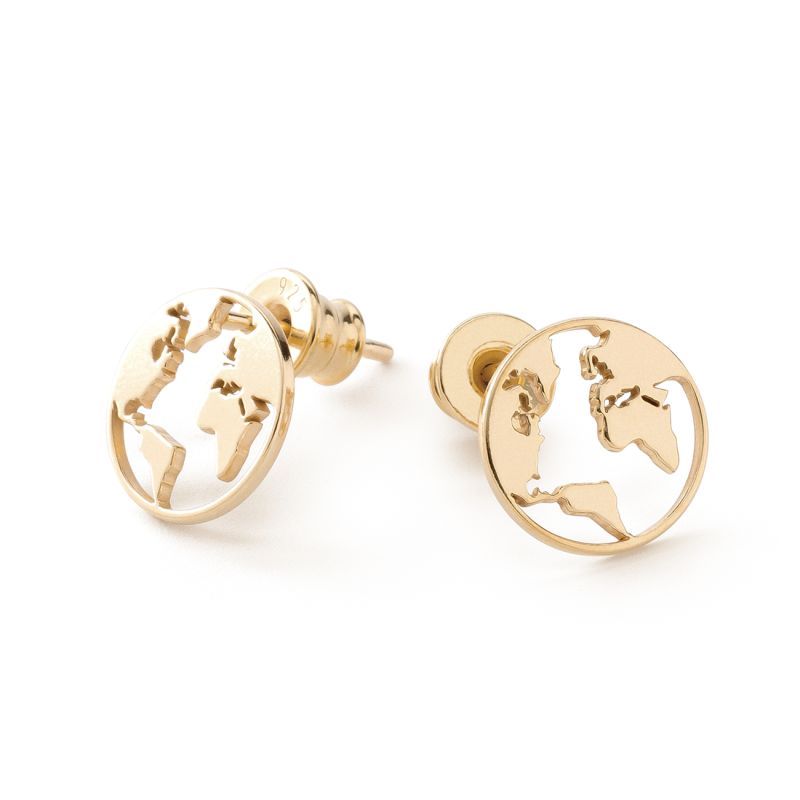 Globe stud earrings, sterling silver 925 gold plated