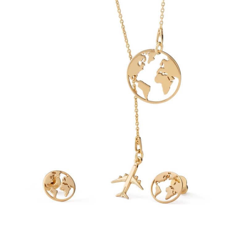 Set - Globe with plane, sterling silver 925 gold plated