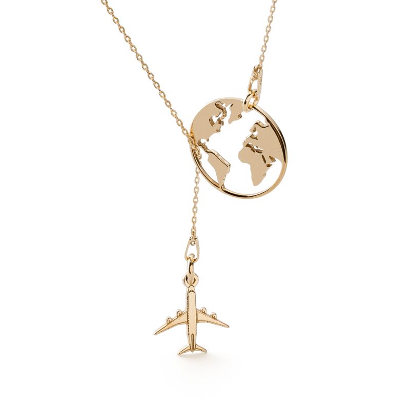 Necklace - Globe with plane, sterling silver 925 gold plated