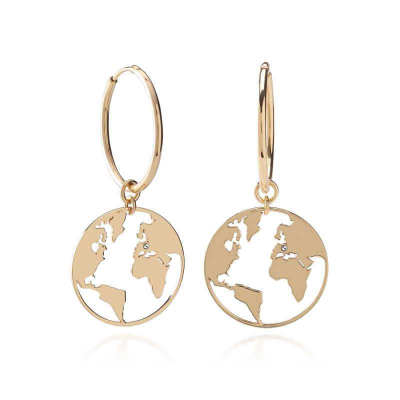 Globe hoop earrings, sterling silver 925 gold plated