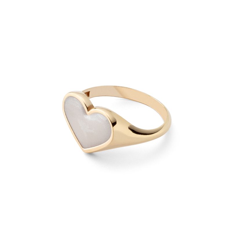 Silver heart signet ring with white resin, 925 silver in gold plating