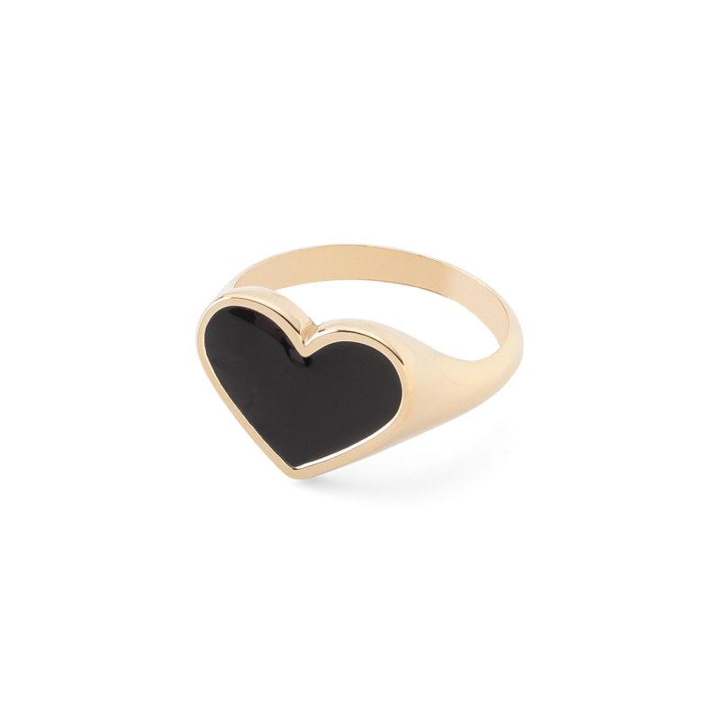 Silver heart signet ring with black resin, 925 silver in gold plating