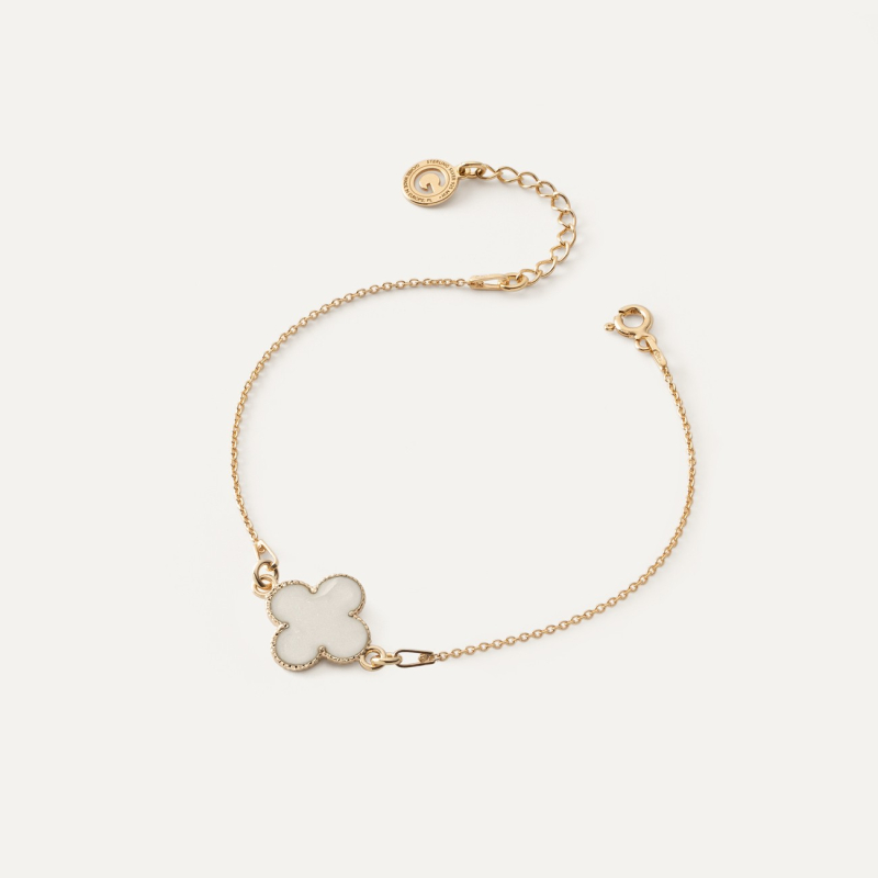 Bracelet with white resin clover, 925 silver with gold plating