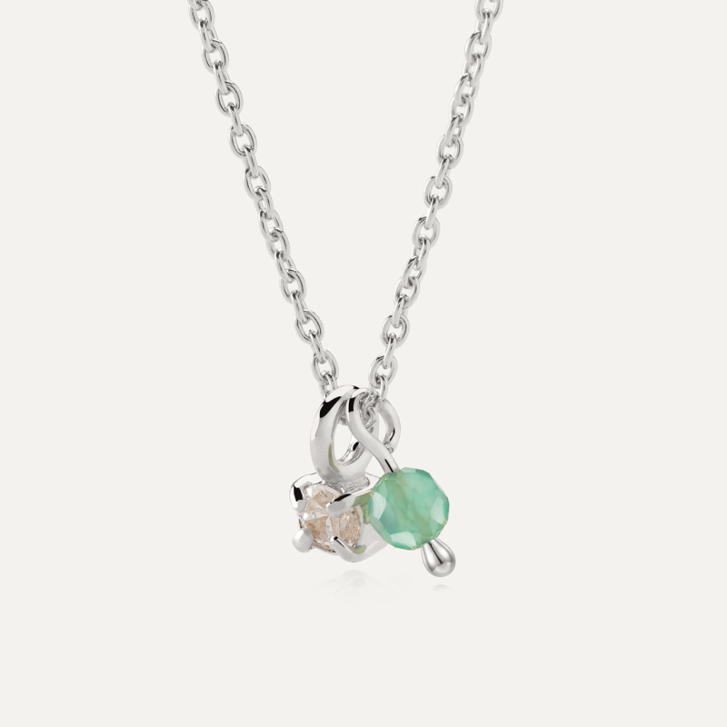 Classic necklace with cubic zirconia and green onyx, sterling silver 925 platinum plated