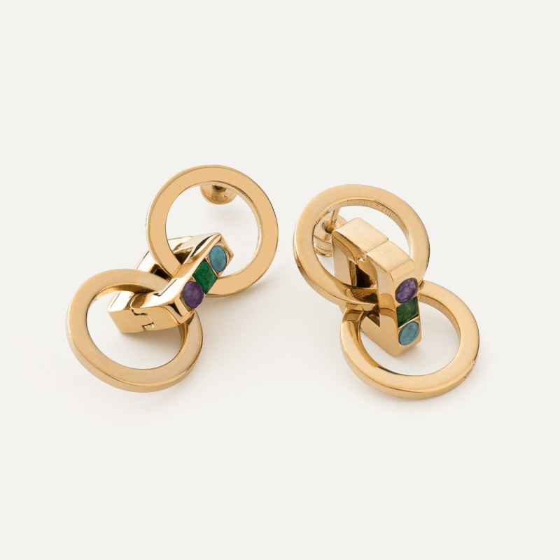 Kolczyki podw&oacute;jne koła z kolorowymi kamieniami, srebro 925 w złotym pokryciu