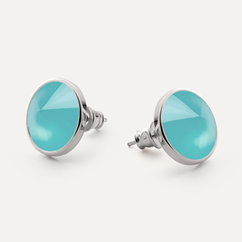 Stud earrings with turquoise chalcedony stone, sterling silver 925 platinum plated