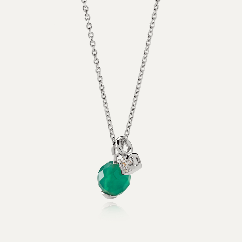 Necklace with green onyx and cubic zirconia, sterling silver 925 platinum plated