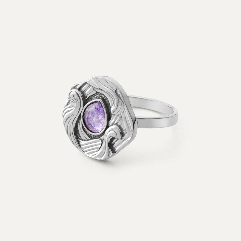 Talisman ring with stone - purple jadeite, silver 925 platinum-plated