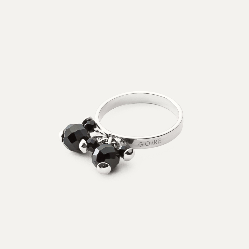 Ring with black spinels, sterling silver 925 platinum plated