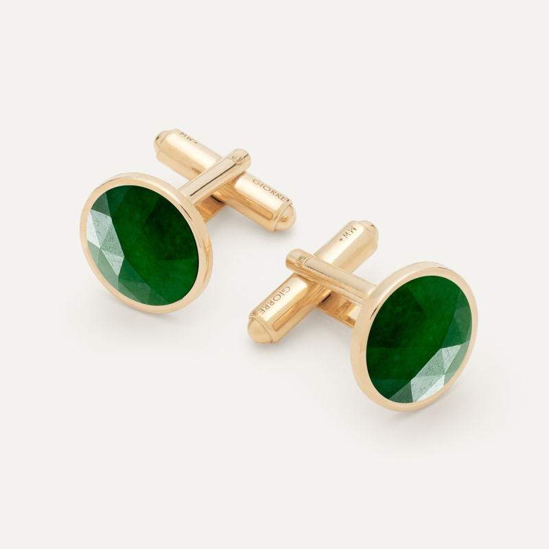 Silver cufflinks with Rose Cut stone - green jade gold plated