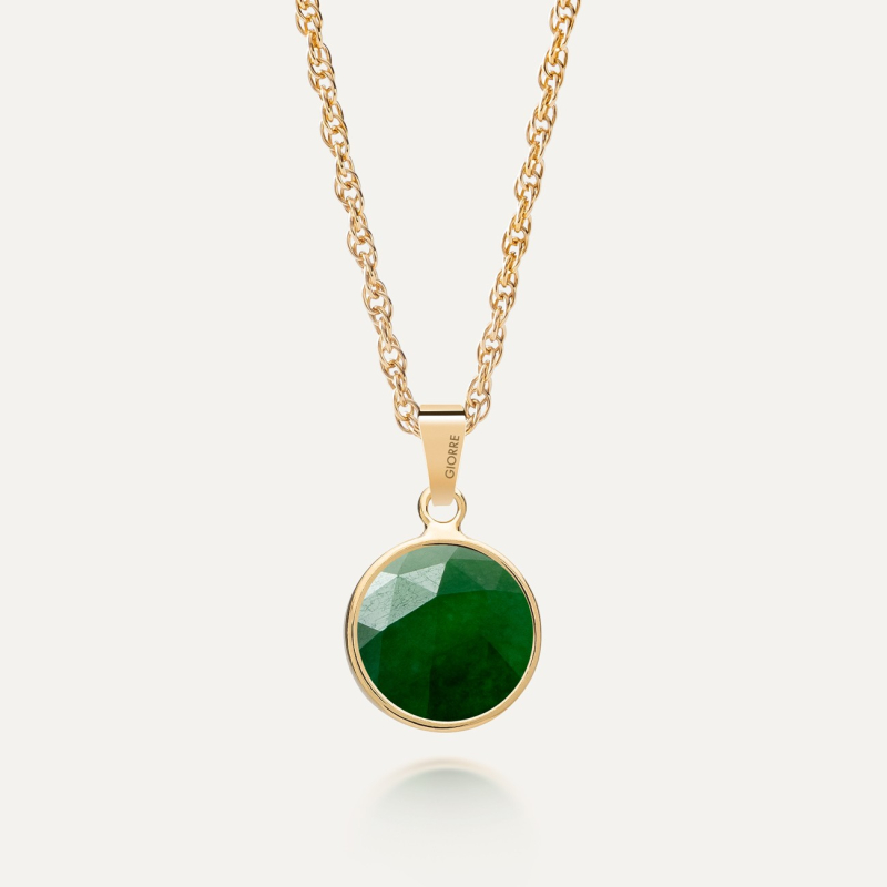 Silver necklace with Rose Cut stone - green jade gold plated