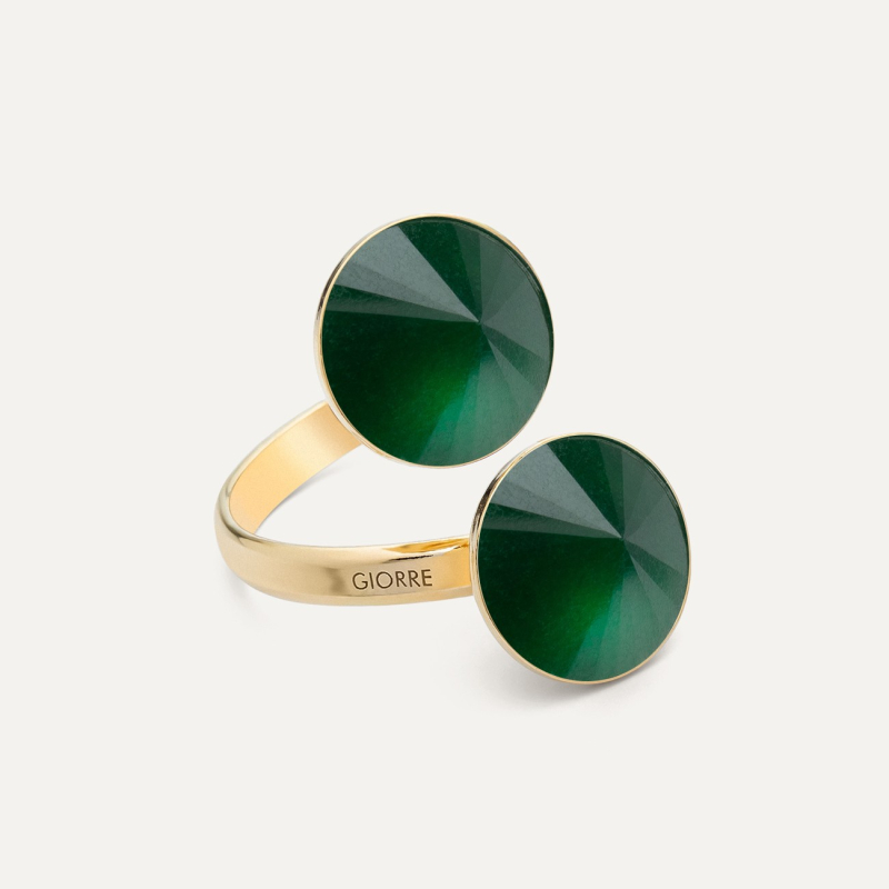 Silver ring with two stones - green jade gold plated