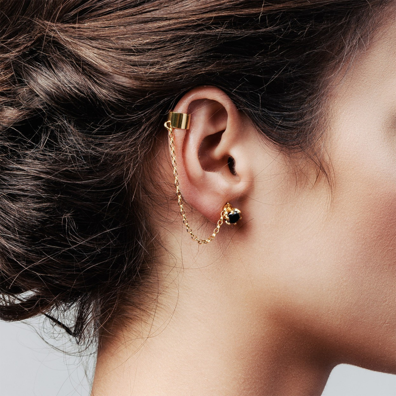 Earring with chain & 6 mm black diamond, silver 925 platinum plated                                    