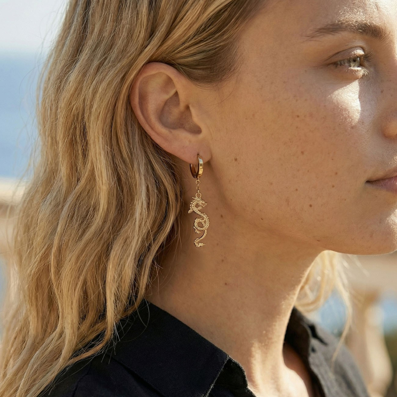 Dragon earrings, sterling silver 925 platinum plated                                    