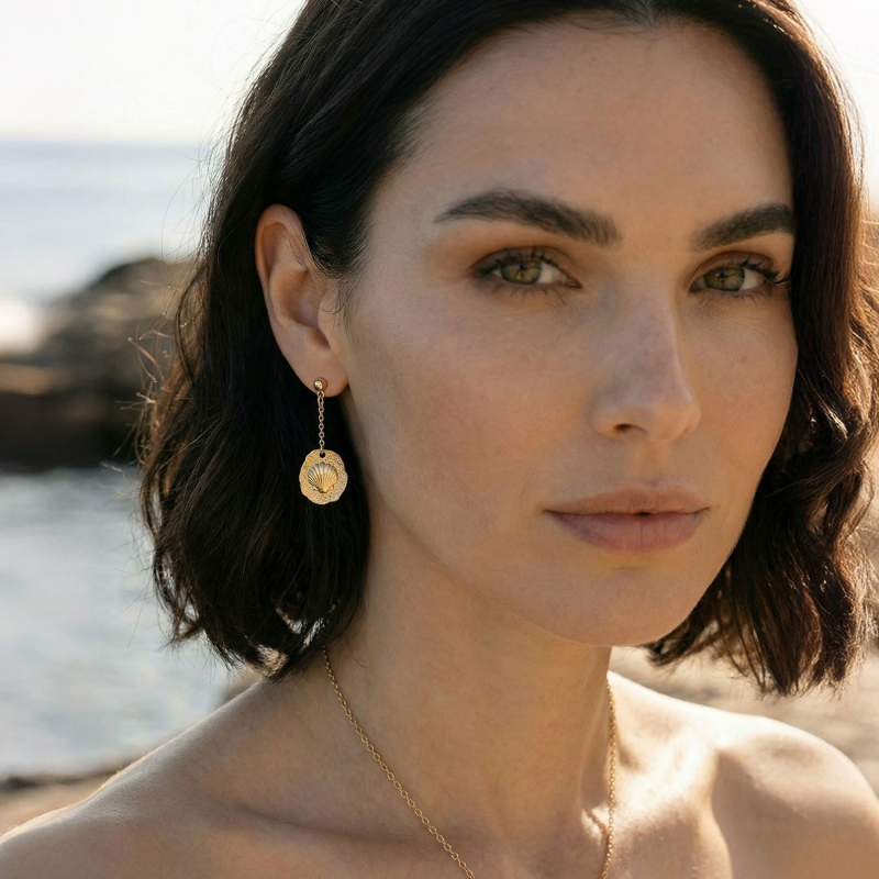 Shell dangle earrings, sterling silver 925 platinum plated                                    