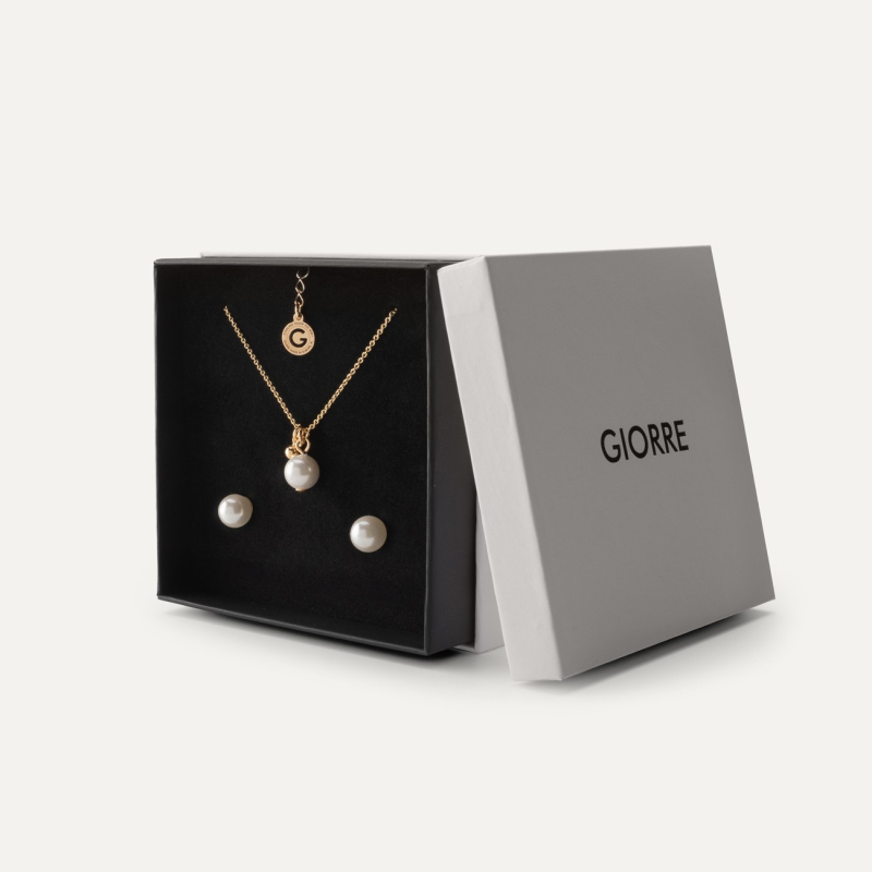 Jewelry set with pearl, sterling silver 925 platinum plated                                    