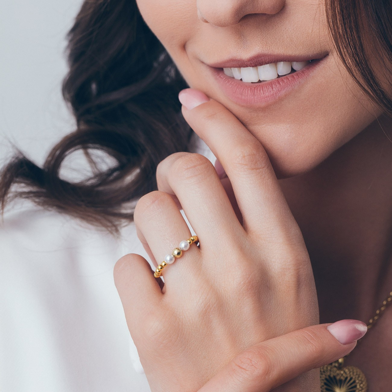 Ball ring with pearls, sterling silver 925 platinum plated                                    