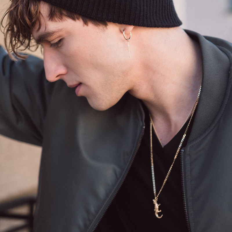 Cross hoop earring, sterling silver 925 platinum plated                                    