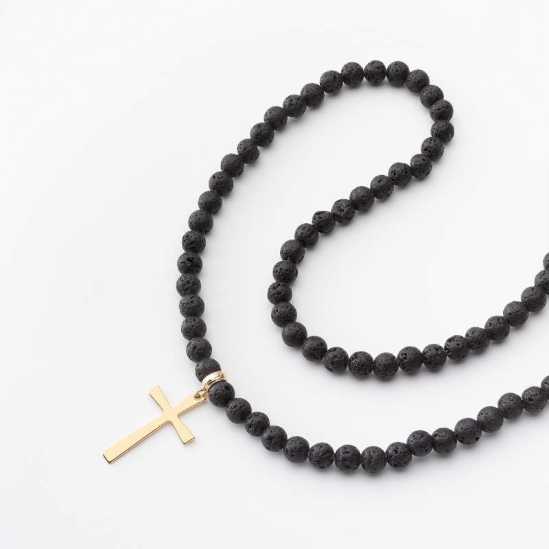 Men's necklace - volcanic lava with a cross, silver 925 platinum plated                                    