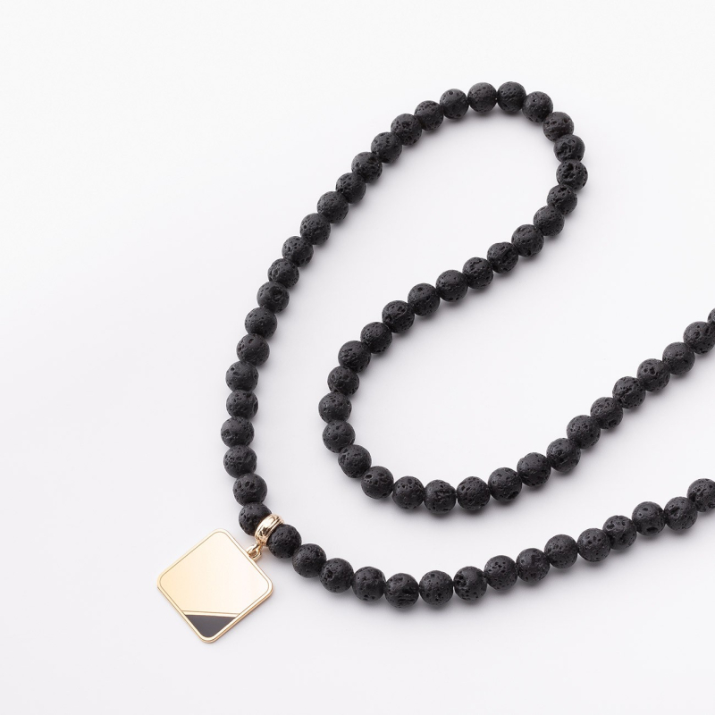 Men's necklace - volcanic lava with a square pendant, silver 925 platinum plated                                    