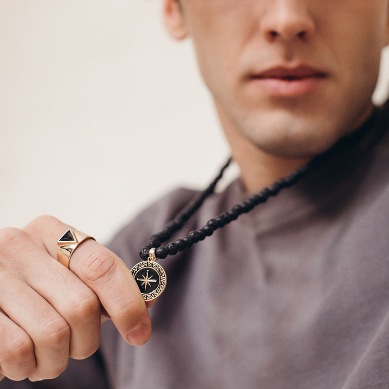 Men's necklace - volcanic lava, compass pendant, sterling silver 925 gold plated                                    